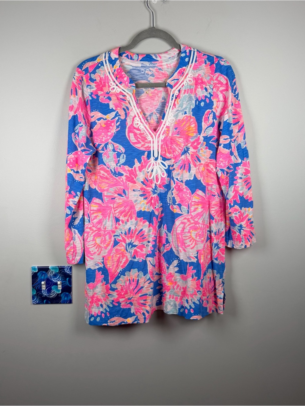 Lilly Pulitzer Kaia Knit Tunic Top Blue Pink Bay Dreamin Large Coastal Shells